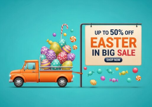 An orange pickup truck carrying colorful easter eggs and candy for a holiday seasonal retail sale
