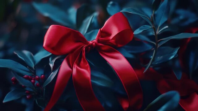 Red bow on green tree, red berries in forest background