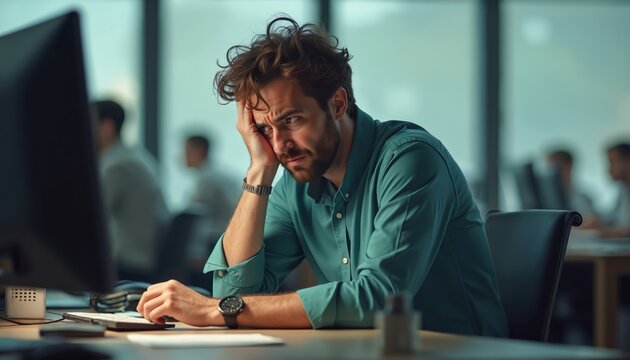 Man frustrated at computer in office. Employee overwhelmed by work feels burnout. Stressed person with head in hand looks worried. Mental fatigue and work pressure.