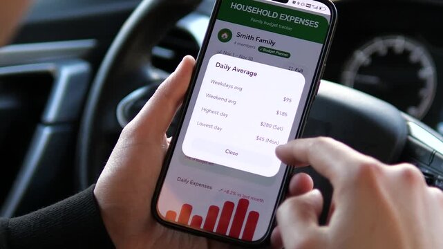 Man tracks family household expenses on a smartphone inside a car. Detailed budget planner app showing savings, daily costs, and charts. Concept of financial literacy, smart money management, and