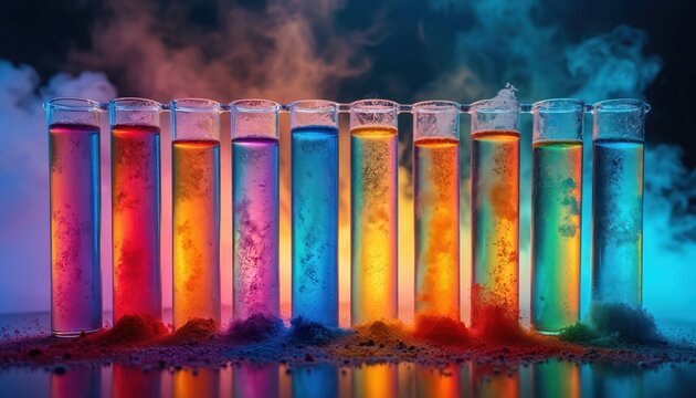 Ten glass tubes hold rainbow liquids with powders creating colorful diffusion effects. Science experiments show chemical solubility in laboratory. Research, education, discovery.