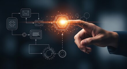 Obraz premium Hand touching glowing orange hexagon in digital flowchart finger