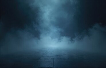 Fototapeta premium Dark blue smoky stage floor with bright light in distance. Empty platform for product presentation or performance. Mysterious foggy atmosphere.