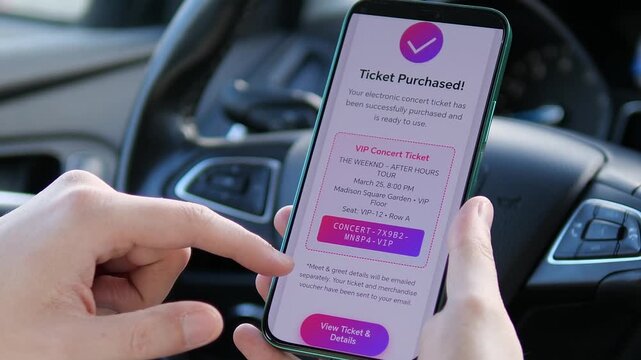 Close-up of a man holding a smartphone with a digital concert ticket while sitting in a car. Concept of paperless technology and mobile lifestyle.