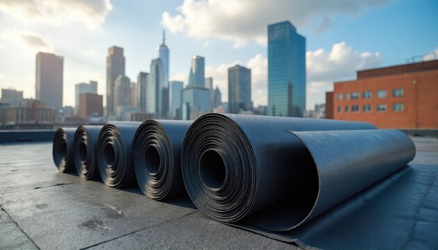 Rolled bitumen waterproofing membrane materials are laid out on a flat rooftop. Tall city buildings form a skyline backdrop. Construction work is ready to begin.