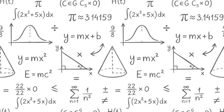 Seamless pattern with handwritten mathematical formulas and geometric shapes vector illustration for educational designs