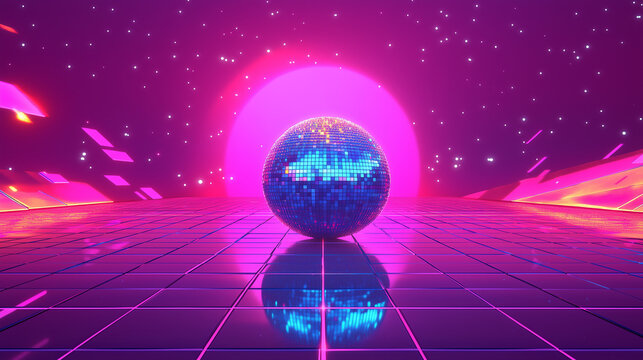 Neon disco ball glows above glowing grid floor