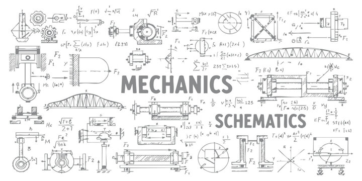 Hand drawn mechanical engineering schematics with technical formulas and machine parts vector background illustration