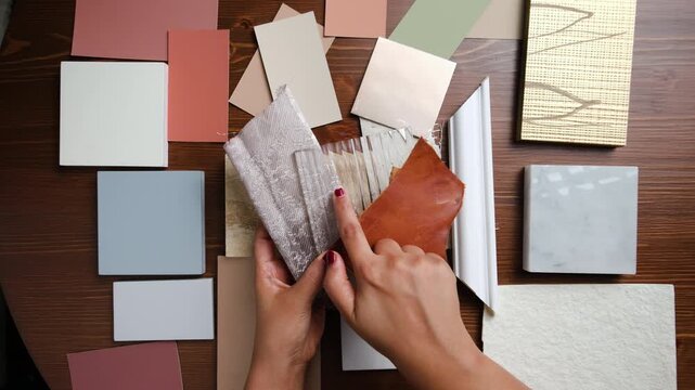 Client and designer discussing material samples together in Architect's office 