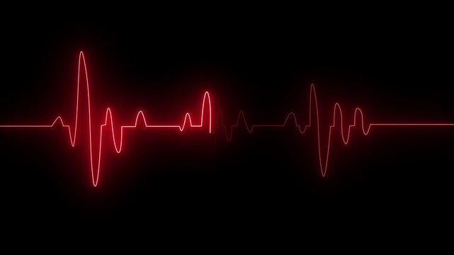 Red E C G heartbeat line graph on black background, electrocardiogram pulse waveform, medical technology concept