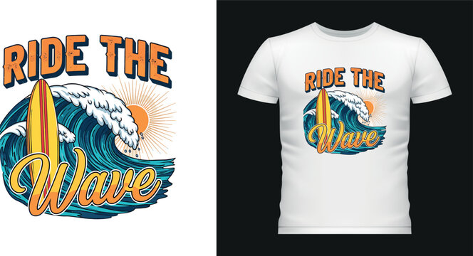 Ride the wave surf t shirt design with ocean water and surfboard art