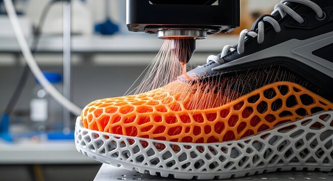 A 3D printer creating a modern sneaker with innovative lattice structure technology . Technology in the 2026 soccer world championship