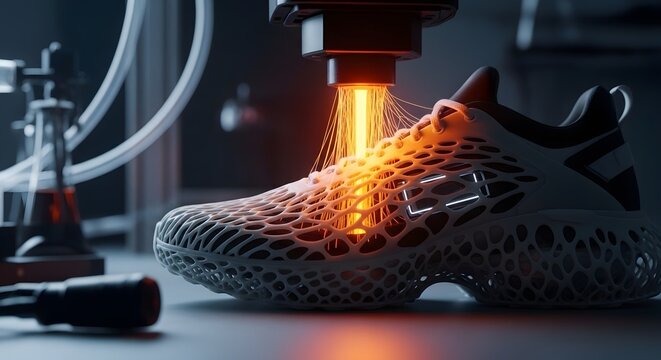 A 3D printer creates a modern sneaker with a unique honeycomb design in a factory setting. . Technology in the 2026 soccer world championship