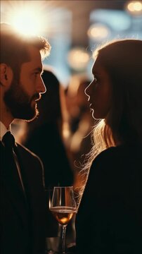 Man and woman gazing into each other's eyes, deep in discussion; party ambiance with blurred background, focus on interpersonal connection; social event setting with soft lighting.