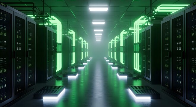 A large data center with rows of computer servers and green lighting . Technology in the 2026 soccer world championship