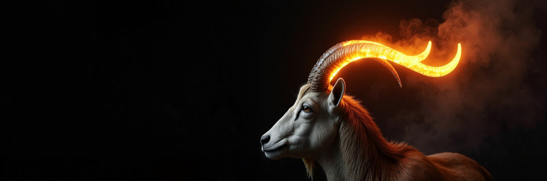 Majestic goat with flaming horns in dramatic lighting showcasing fierce energy and strength. Goat displays unique features with fiery accents highlighting its majestic appearance.