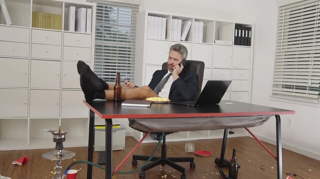 Crazy freelancer concept. A businessman in suit jacket with shorts on funny business meeting. Crazy business man on business meeting with formal top and casual bottom. Funny workday. Free business.