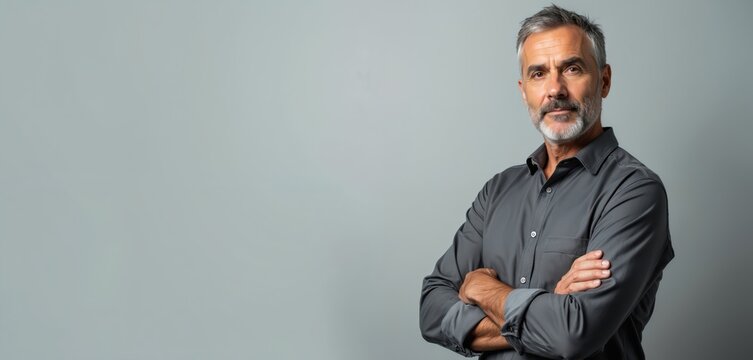 Mature man with gray beard arms crossed, standing against gray backdrop. He looks confident and serious. This portrait is good for business or personal use. He is a calm person.