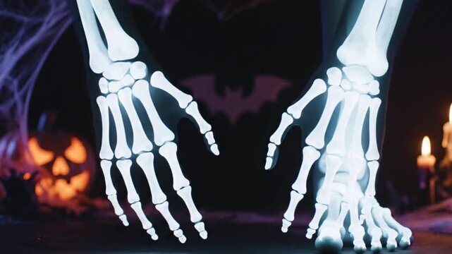 a pair of skeleton hands in a spooky halloween setting with jack o lanterns and candles halloween th