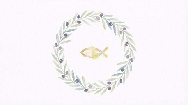 Christian fish symbol in floral wreath watercolor, pastel religious illustration