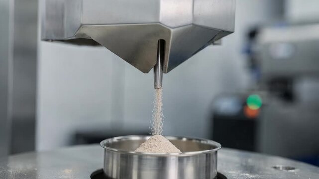 Medium shot of micro hopper dispensing small quantities of specialized additives with automated precision in a controlled manufacturing environment.
