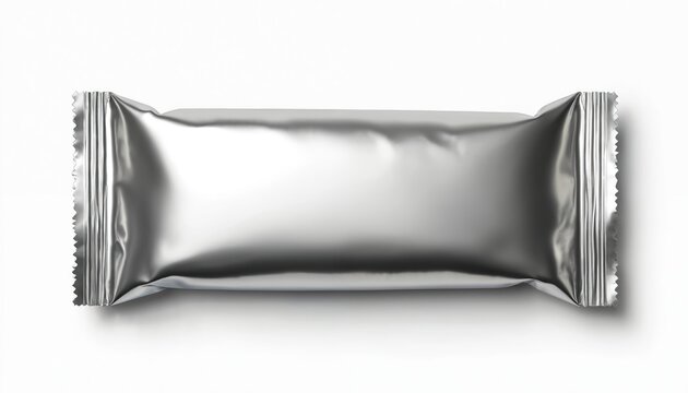 Blank silver metallic flow pack wrapper for food bar or snack. Clean empty packaging mockup template for product design branding or advertising on white background.