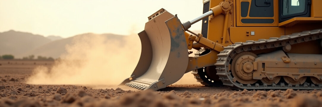 Heavy machinery on construction site with bulldozer blade pushing dirt and dust. Construction process involves heavy equipment and excavation actions.