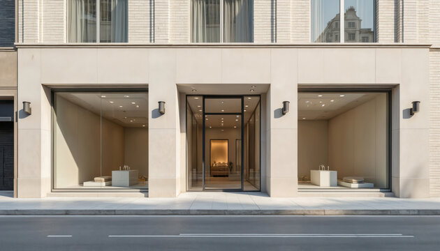 Modern building facade with empty storefront glass windows and entrance. Clean, minimalist design on a city street during daytime. Offers blank space for retail or office opportunities.