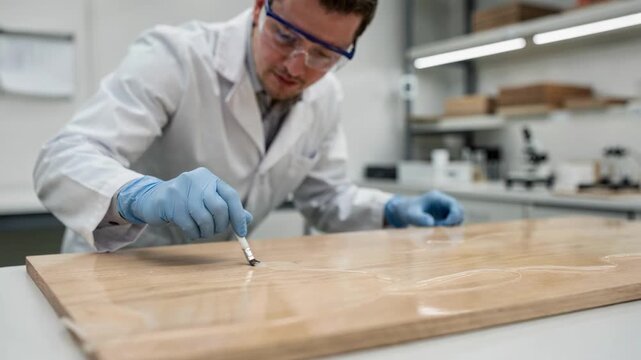 Technician carefully applying adhesive to a wooden surface in a bright lab setting evaluating bond durability and curing time during experimental testing.