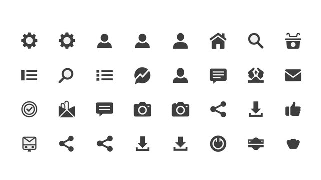 Essential collection of sleek dark grey web and mobile application user interface icons for modern digital design, encompassing navigation and functional elements