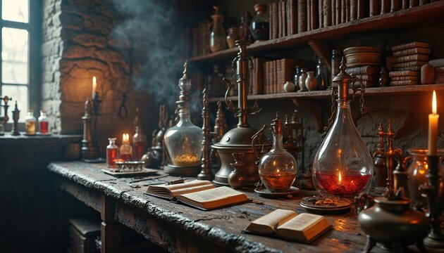 Old alchemist table with books, bottles, candles, smoke. Medieval science laboratory with potions, ancient equipment. Mystical chamber used for magic experiments. Research on alchemy, forbidden