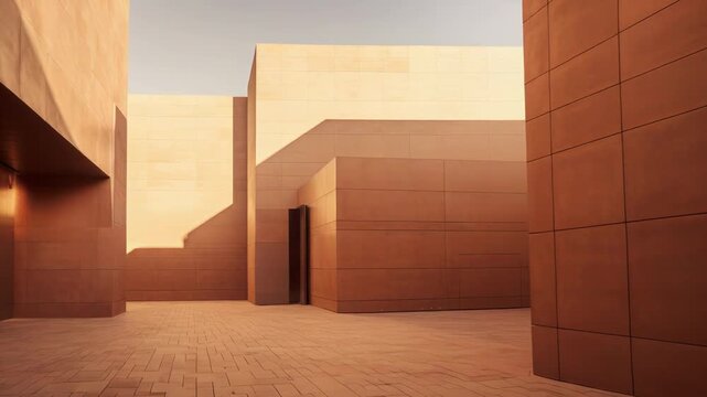 Geometric buildings with sandstone facades define an urban landscape, reflecting warm sunlight and casting strong shadows, highlighting abstract forms and contemporary design