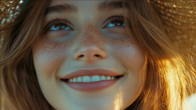 A joyful young woman with freckles, smiling at the camera during a sunset. She is wearing sunglasses and has her hair styled to one side.