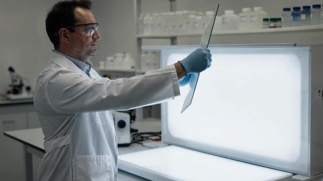 Technician performing an optical properties quality check using a light box to assess haze and transparency of materials in a controlled lab environment.