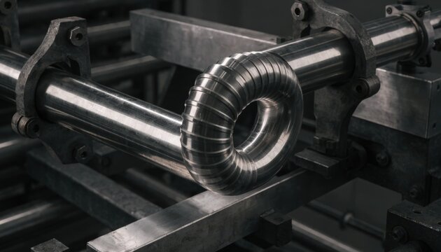 Closeup medium shot of mandrel bending process showing smooth inner curve formation of a thin tubing as the machine prevents collapse and wrinkling.