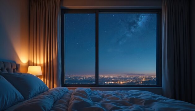 Cozy bedroom with unmade bed at night. Large window shows starry sky and city lights below. Warm lamp light creates restful, peaceful atmosphere. Quiet indoor space.