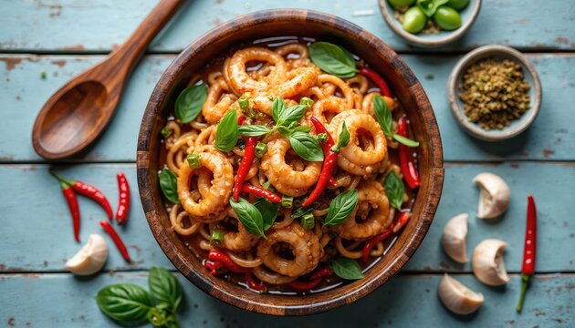Thai stir fried cuttlefish with basil chili garlic in wood bowl. Spicy seafood noodle dish with fresh herbs, red peppers. Delicious Asian cuisine.