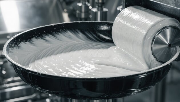 Close medium shot of a rolling machine applying a uniform layer of nonstick coating inside a skillet showcasing precision and consistency in the manufacturing line.
