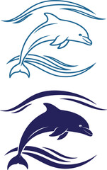 Fototapeta premium Dolphin wave vector logo set with outline and silhouette marine animal symbols, elegant ocean design elements isolated on white background.