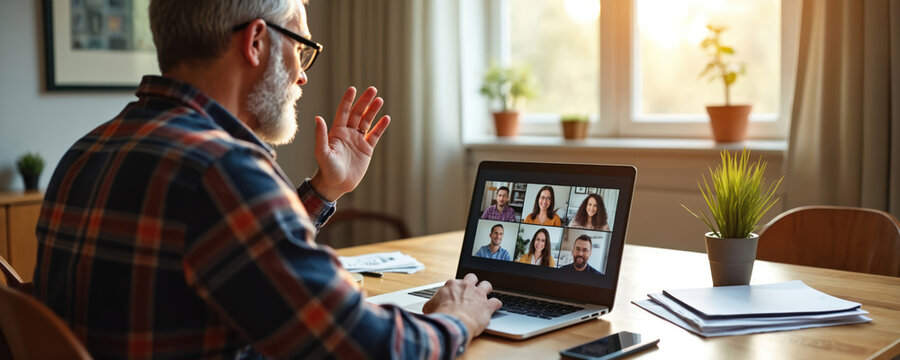 Man waves hello during virtual meeting with colleagues on laptop. Older person with beard works from home office. People chat online, remote team discusses project.