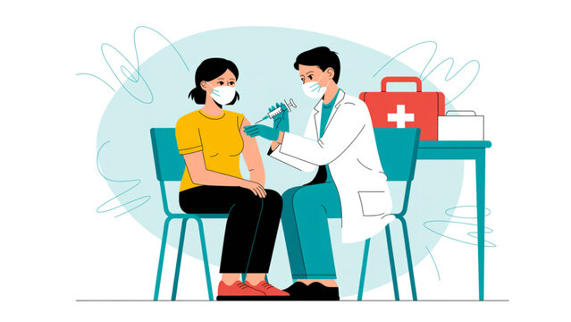 Professional female doctor in face mask giving vaccine injection to patient in clinic flat vector illustration.
