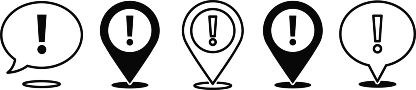 Exclamation mark vector icon set with speech bubble and map pin symbols, warning and alert notification elements isolated on white background.