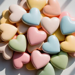 Fototapeta premium Pastel heart-shaped candies in yellow, pink, blue and green filling frame, sweet colorful confectionery background for Valentine and celebration