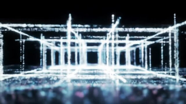 Wide low-angle video of shimmering blue/pink digital particles flowing into a luminous wave, transforming into a precise white 3D geometric grid. Futuristic AI data analytics, strategic foresight