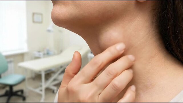 Female experiencing discomfort, self-examining her neck, palpating a noticeable swelling, enlarged cervical lymph nodes, potential health concern, medical check-up, symptom awareness