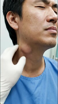 Doctor examining male patient's neck, palpable enlarged lymph nodes causing discomfort, facial expression showing pain, cervical lymphadenopathy, medical diagnosis, health concern