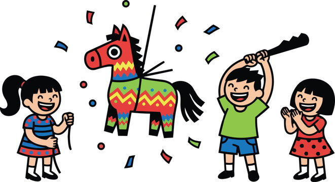 Flat design colorful donkey pinata with confetti and children hitting and pulling string vector art