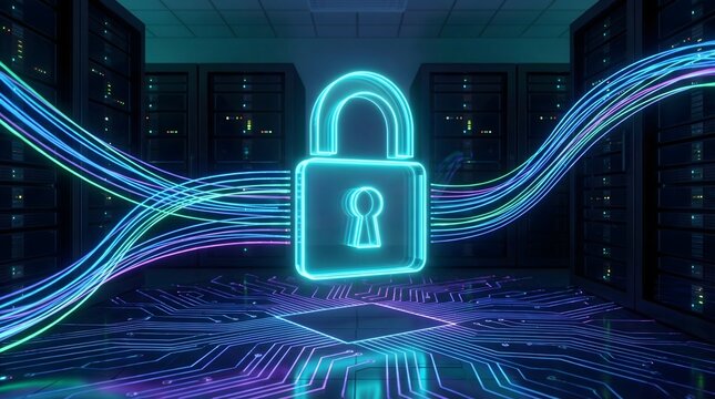 A glowing neon cyan holographic padlock floating in a dark server room with sweeping fiber optic lines