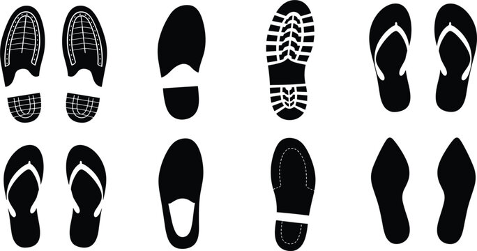 Shoe sole vector icon set with footprint patterns and footwear bottoms, sneaker and sandal sole silhouettes collection isolated on white background.