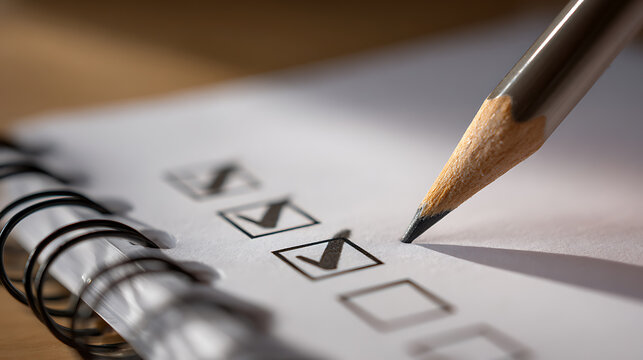 Close up photo of a pencil marking checkboxes on a white paper in a notebook. Focus is on the pencil tip and the last checkmark being made